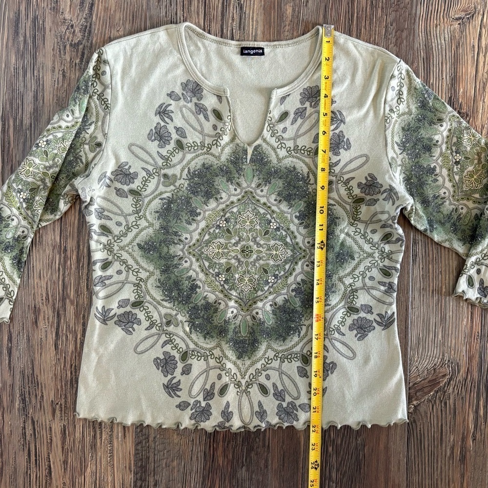 Vtg Tangents 3/4 Sleeve Bohemian Shirt Green Floral No Size Fairy Whimsical Y2K - Picture 3 of 10